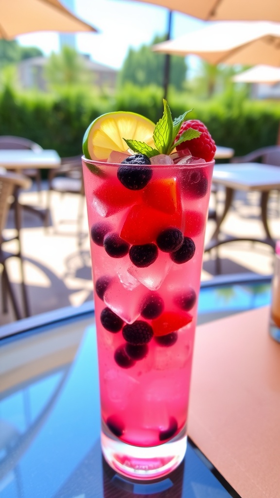 A refreshing Tequila Berry Smash cocktail with berries and mint on a sunny patio.